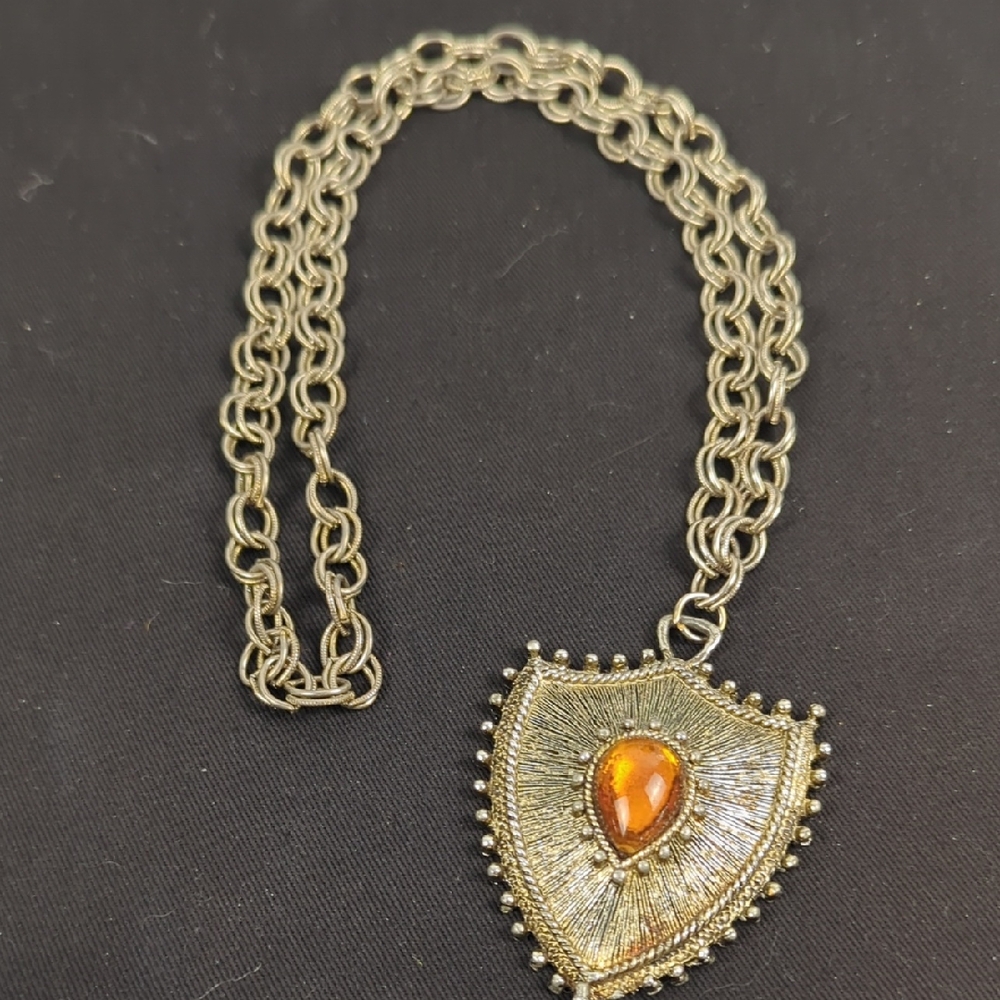 Gold-Tone Shield Pendant Necklace with Amber Teardrop